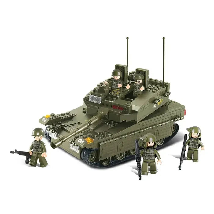 Sluban Army Large Battle Tank M38-B0305 construction toy set with green tank and four soldier mini-figures, ideal for kids' military-themed play.  from  John Bull Clothing
