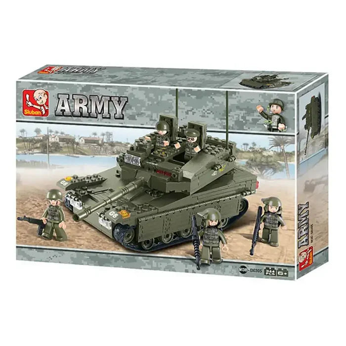 Retail packaging of Sluban Army Large Battle Tank M38-B0305 construction set featuring tank and soldier mini-figures, from Sluban Army series.  from  John Bull Clothing