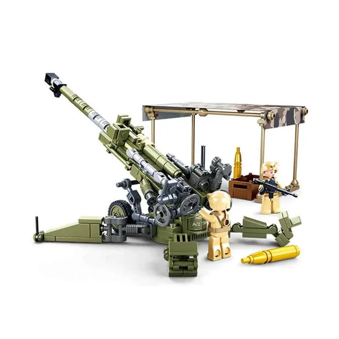 Sluban Army M777 Howitzer Set M38-B0890 featuring a detailed green artillery cannon with rotating parts, soldier mini-figures, and a camouflage tent.  from  John Bull Clothing