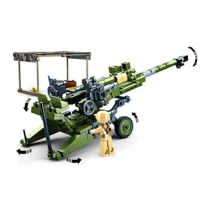 Sluban Army M777 Howitzer Set M38-B0890 with adjustable artillery gun, soldier mini-figure, and interactive rotating components for immersive play.  from  John Bull Clothing