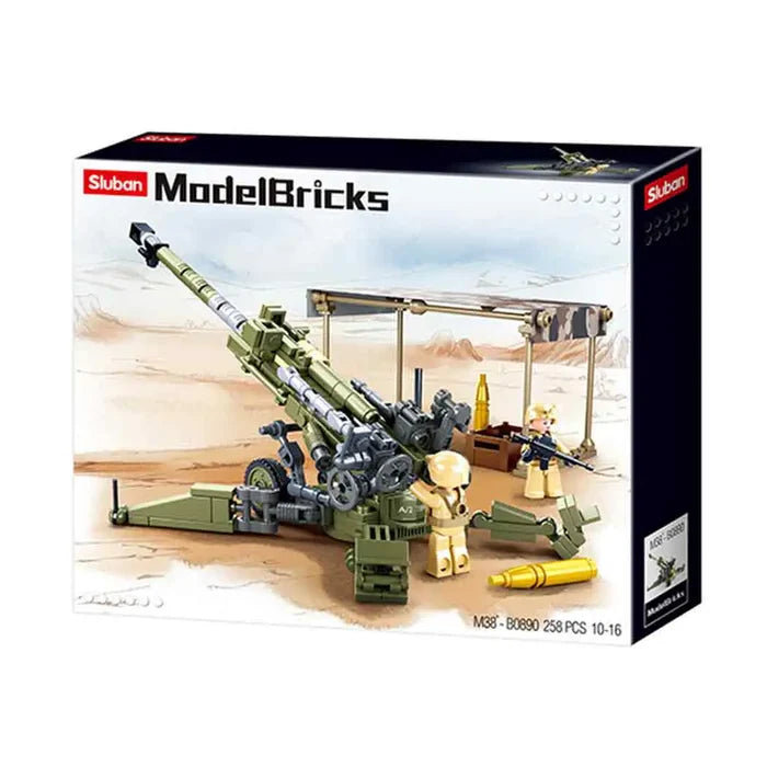 Packaging of the Sluban Army M777 Howitzer Set M38-B0890, displaying the assembled military artillery model with mini-figures and accessories.  from  John Bull Clothing