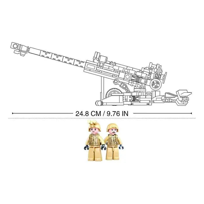 Dimensions of the Sluban Army M777 Howitzer Set M38-B0890, measuring 24.8 cm in length, with two included soldier mini-figures for scale reference.  from  John Bull Clothing