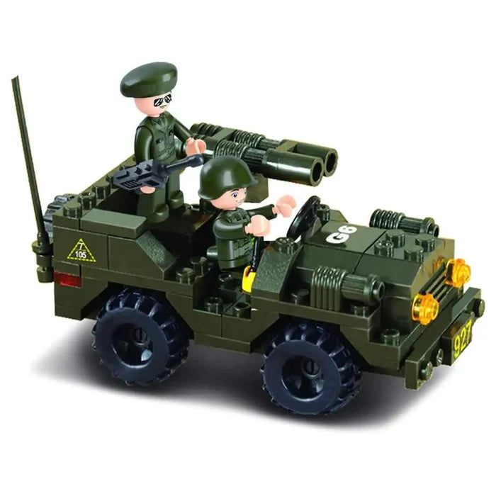 Sluban Army Off-Road Jeep Set M38-B5800 featuring a green military jeep with rotating gun and soldier mini-figures. Perfect for imaginative play.  from  John Bull Clothing
