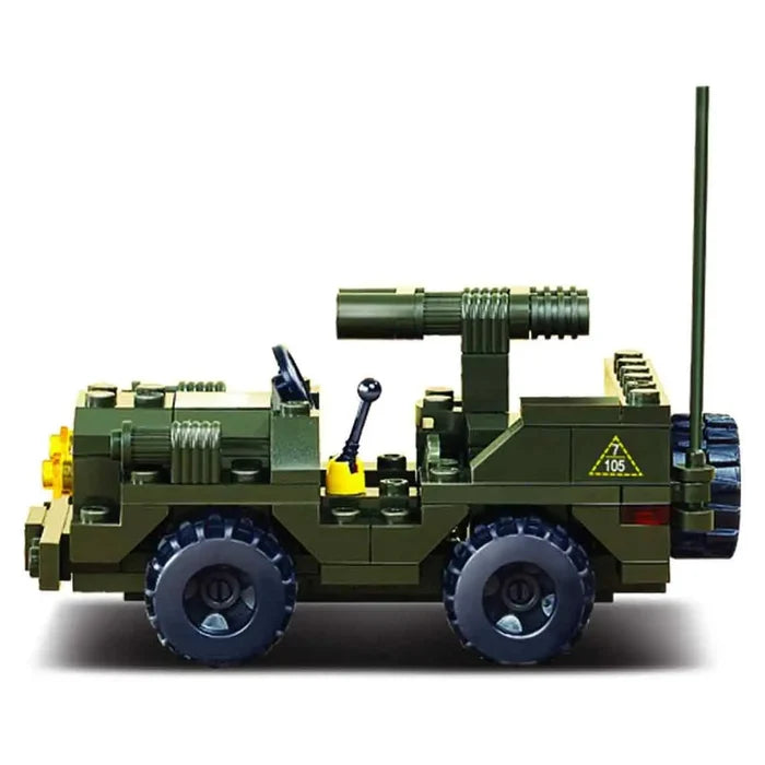 Side view of the Sluban Army Off-Road Jeep Set M38-B5800 showcasing its rugged design, rotating gun, and realistic military details.  from  John Bull Clothing