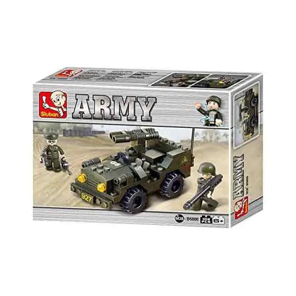 Box packaging of the Sluban Army Off-Road Jeep Set M38-B5800 displaying the assembled military jeep and soldier mini-figures. Ideal for young builders.  from  John Bull Clothing