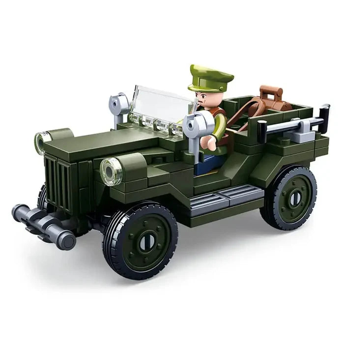 Sluban Army WWII Allied Light Truck M38-B0682 toy set with green military jeep and officer figure, ideal for kids' construction play.  from  John Bull Clothing