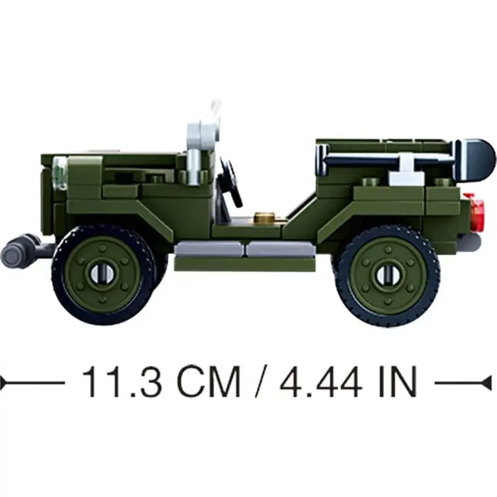 Side view of Sluban M38-B0682 Allied Light Truck toy showing 11.3 cm length, ideal for kids who enjoy military construction sets.  from  John Bull Clothing