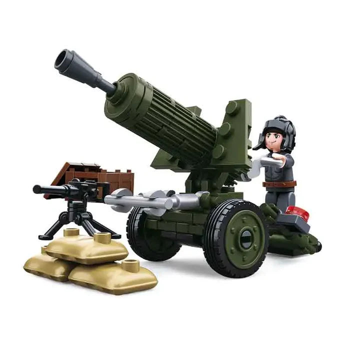 Sluban Army WWII Anti Aircraft Gun Set featuring a rotating green artillery gun, sandbags, and a soldier mini-figure for interactive play.  from  John Bull Clothing