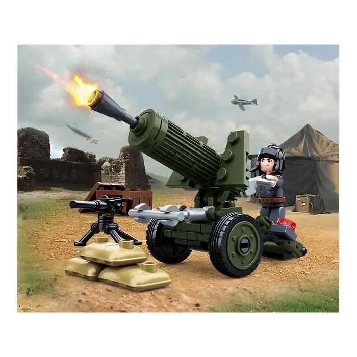 Sluban Army WWII Anti Aircraft Gun Set in a battlefield scene with a firing effect, military tent, and aircraft in the background for realistic play.  from  John Bull Clothing