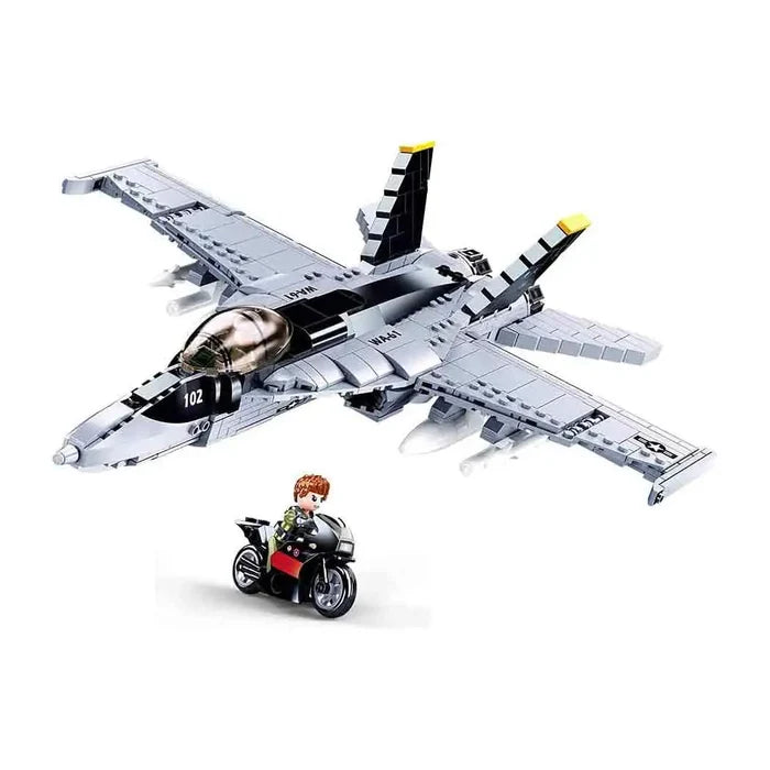 Sluban F18 Super Bumblebee Fighter Plane Set with pilot minifigure and motorcycle from John Bulls, ideal for kids' construction play.  from  John Bull Clothing