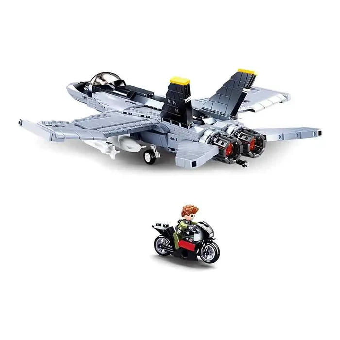 Rear angle of Sluban F18 Super Bumblebee Fighter Plane Set with included motorcycle and pilot figure, part of kids' construction toy collection.  from  John Bull Clothing