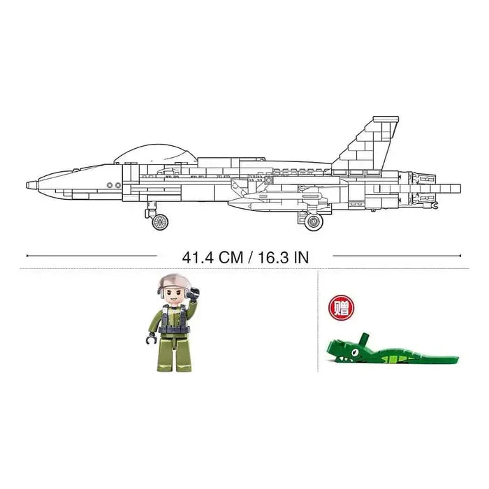 Sluban F18 Fighter Plane Set dimensions and included pilot minifigure with bonus toy, a fun and educational construction set for kids.  from  John Bull Clothing