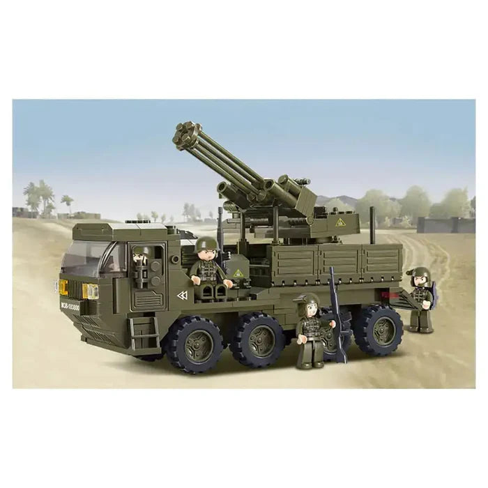 Sluban Heavy Truck Kit M38-B0302 assembled in a desert battlefield setting with soldier mini-figures.  from  John Bull Clothing