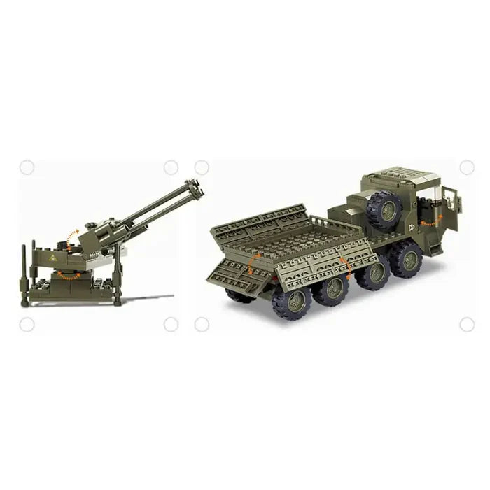 Sluban Heavy Truck Kit M38-B0302 disassembled, showing detachable cannon and truck bed details.  from  John Bull Clothing