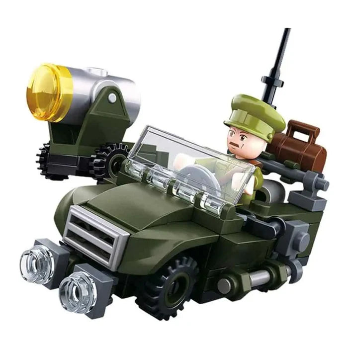 Sluban WWII Allied Off-Road Jeep set featuring a green military-style jeep with a soldier mini-figure. Includes detailed accessories for realistic play.  from  John Bull Clothing