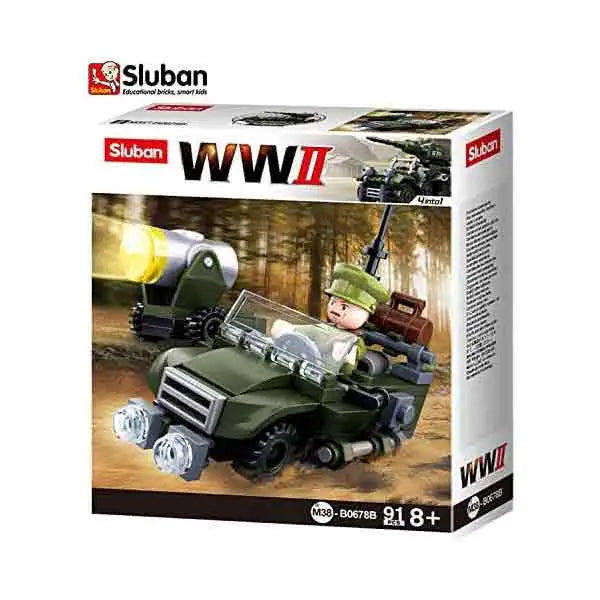 Sluban WWII Allied Off-Road Jeep set packaging showcasing the M38-B0678B model. Includes an image of the assembled jeep and soldier mini-figure.  from  John Bull Clothing