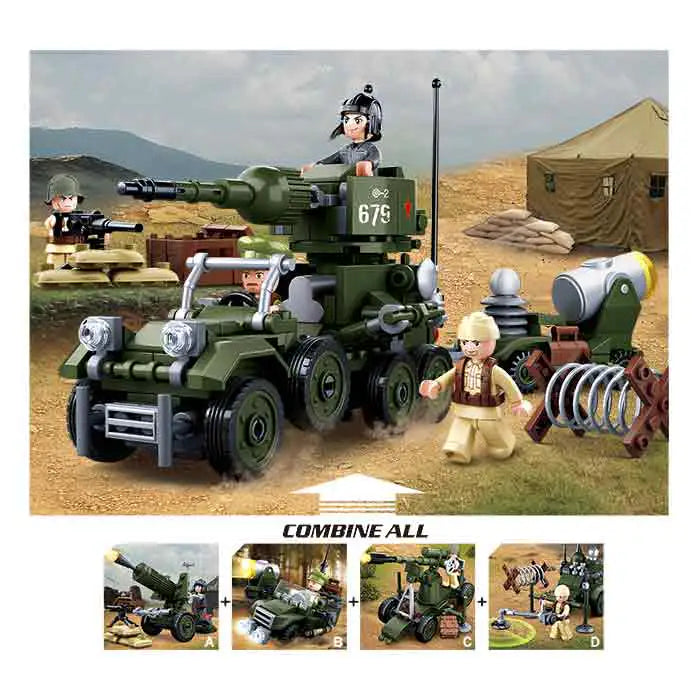Sluban WWII Army series construction set featuring multiple military vehicles and figures. The set can be combined to create a larger battle vehicle.  from  John Bull Clothing