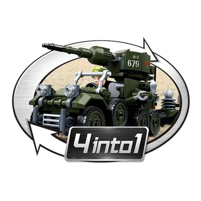 Sluban WWII 4-in-1 military vehicle set, allowing multiple configurations. Features a green armored jeep with weaponry and soldier mini-figures.  from  John Bull Clothing
