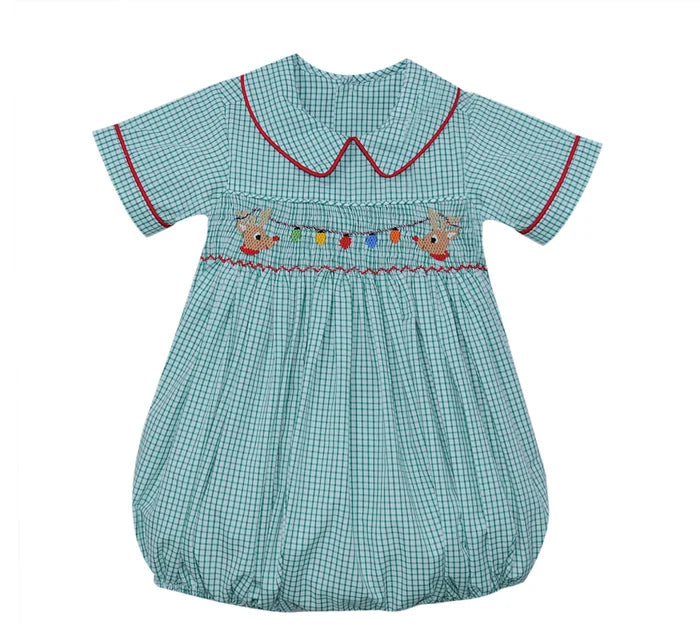 Smocked Bubble - Green Reindeer