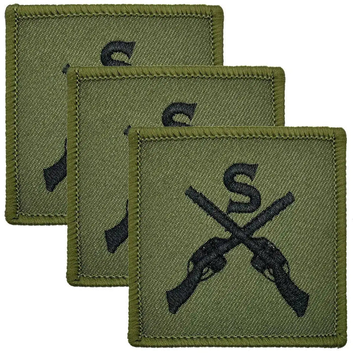 Sniper Trade TRF - Iron On Patch | John Bull Clothing featuring green cotton square patches with black crossed rifles and 'S' insignia, ideal for military uniforms. 3 Pack from  John Bull Clothing
