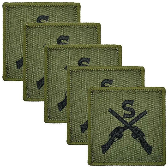 Set of five Sniper Trade TRF - Iron On Patches | John Bull Clothing with green background and black sniper insignia, suitable for military uniform application. 5 Pack from  John Bull Clothing