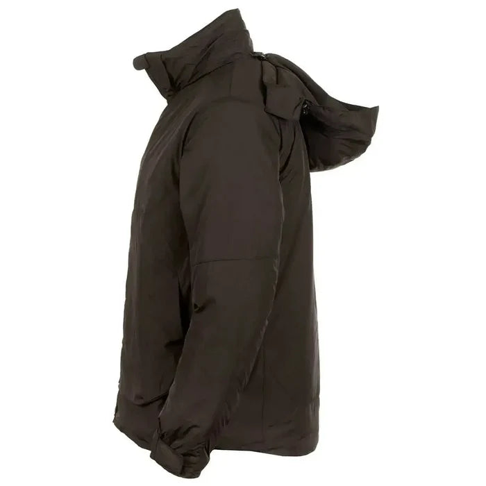 Side view of Snugpak Arrowhead Insulated Jacket Black showing adjustable hood and sleek profile. Designed for layering in outdoor environments.  from  John Bull Clothing