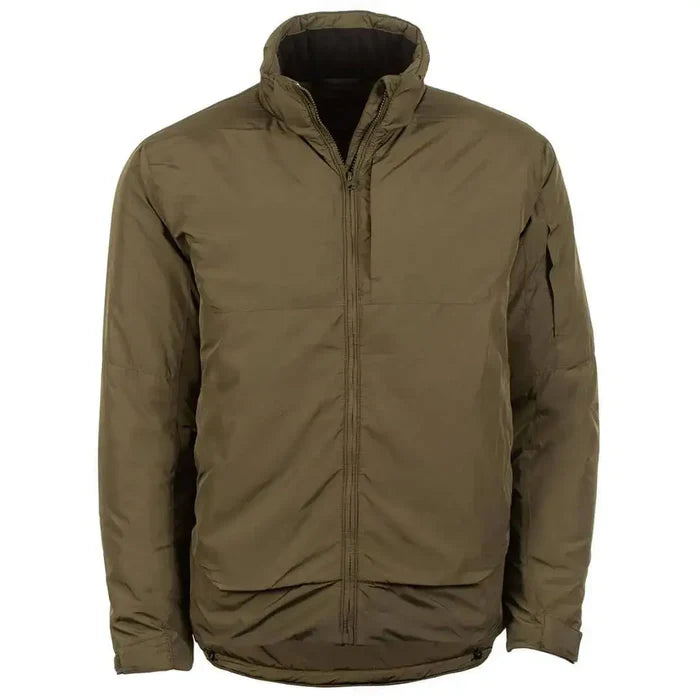 Front view of Snugpak Arrowhead Insulated Jacket Olive WGTE, featuring a high collar and full zip closure for cold weather protection.  from  John Bull Clothing