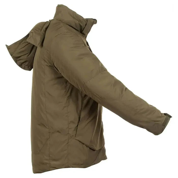 Side profile of Snugpak Arrowhead Insulated Jacket Olive WGTE showing extended sleeve length and ergonomic fit for outdoor use.  from  John Bull Clothing