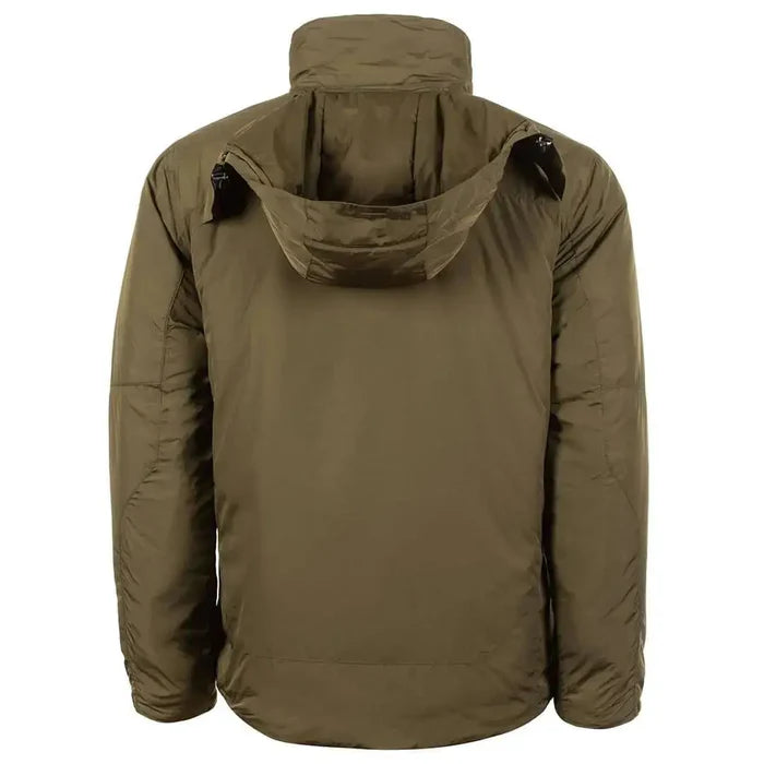 Back view of Snugpak Arrowhead Insulated Jacket Olive WGTE with attached hood and durable Paratex outer shell for added insulation.  from  John Bull Clothing