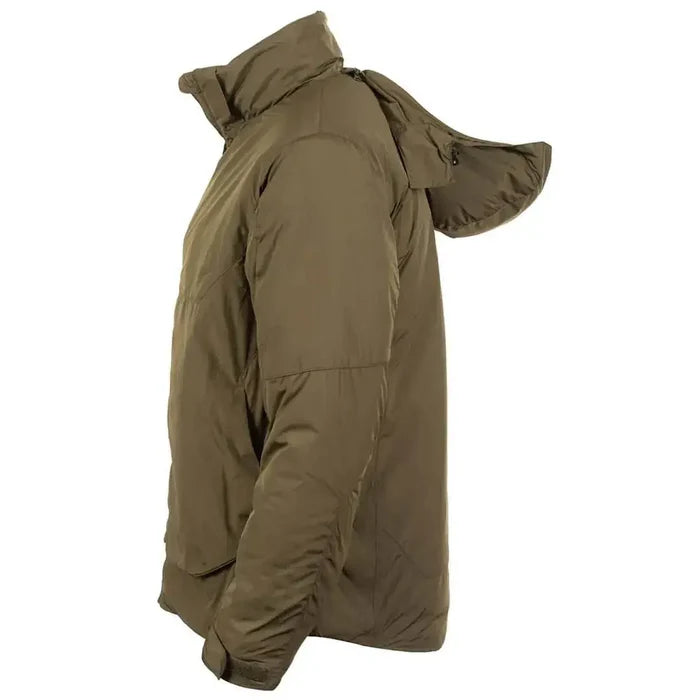 Right side view of Snugpak Arrowhead Insulated Jacket Olive WGTE highlighting the hood design and articulated sleeve construction.  from  John Bull Clothing