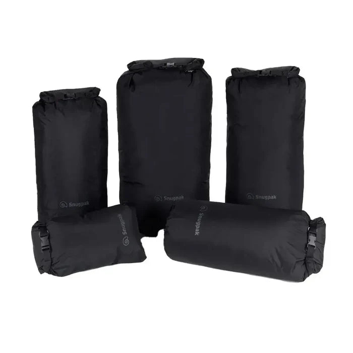 Set of five Snugpak Dri-Sak Waterproof Dry Bags in black, designed for outdoor adventures to keep gear dry and protected.  from  John Bull Clothing