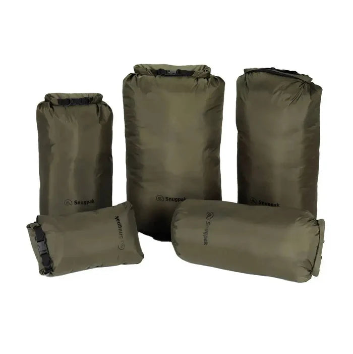 Set of five Snugpak Dri-Sak Waterproof Dry Bags in olive green, ideal for keeping belongings dry during outdoor activities and travel.  from  John Bull Clothing
