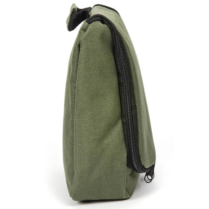 Side view of the Snugpak Essential Travel Wash Bag, showcasing its sturdy polyester material and zippered compartments for secure storage.  from  John Bull Clothing