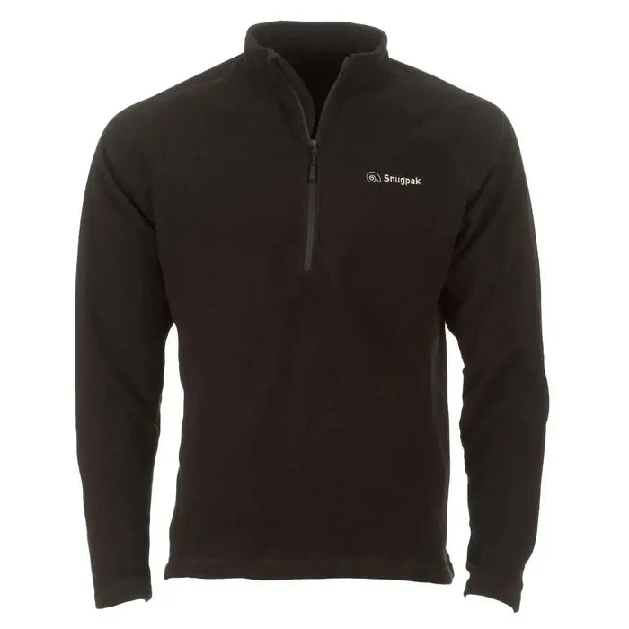 Snugpak Impact Black Fleece Shirt with quarter-zip design, offering warmth and comfort. Made from high-quality polyester fleece for outdoor and casual wear.  from  John Bull Clothing