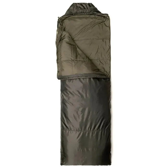 Snugpak Jungle Sleeping Bag with Mosquito Net in olive green, unzipped to show inner lining, ideal for tropical camping conditions.  from  John Bull Clothing