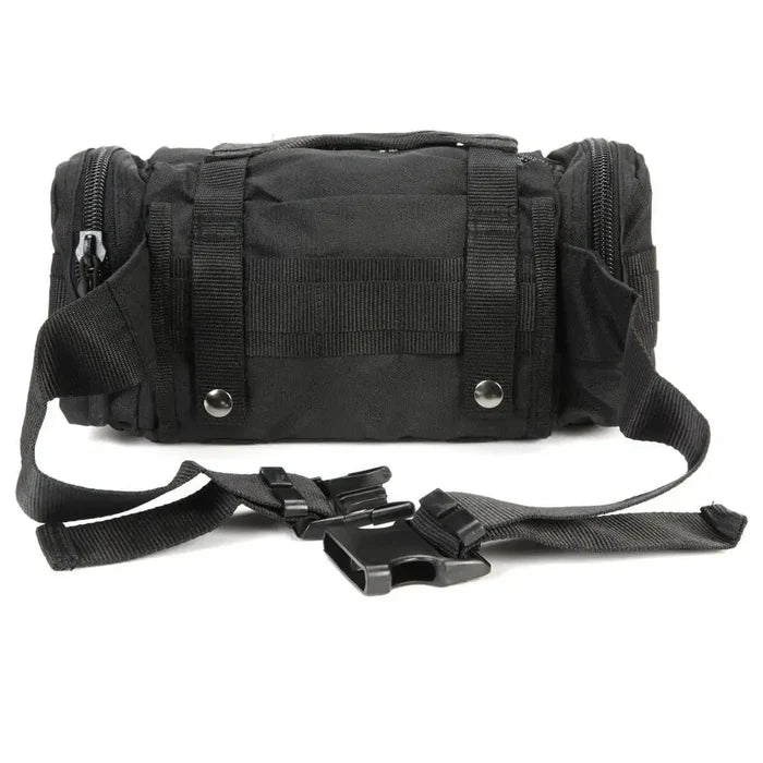 Rear view of black Snugpak ResponsePak Tactical Deployment Bag showing adjustable waist strap and MOLLE-compatible loops for secure attachment.  from  John Bull Clothing