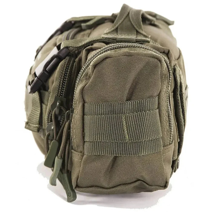 Side view of olive green Snugpak ResponsePak Tactical Deployment Bag with zippered pocket and reinforced stitching for durable travel storage.  from  John Bull Clothing