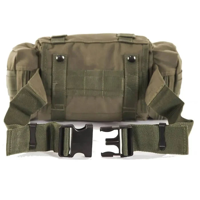 Back view of olive green Snugpak ResponsePak Tactical Deployment Bag with adjustable buckle strap and MOLLE webbing for tactical organization.  from  John Bull Clothing