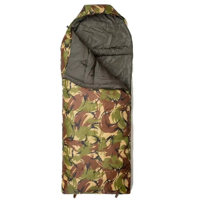 Snugpak Sleeper Kids Camo Sleeping Bag with a partially opened design, showcasing its insulated interior for warmth and comfort during outdoor adventures.  from  John Bull Clothing