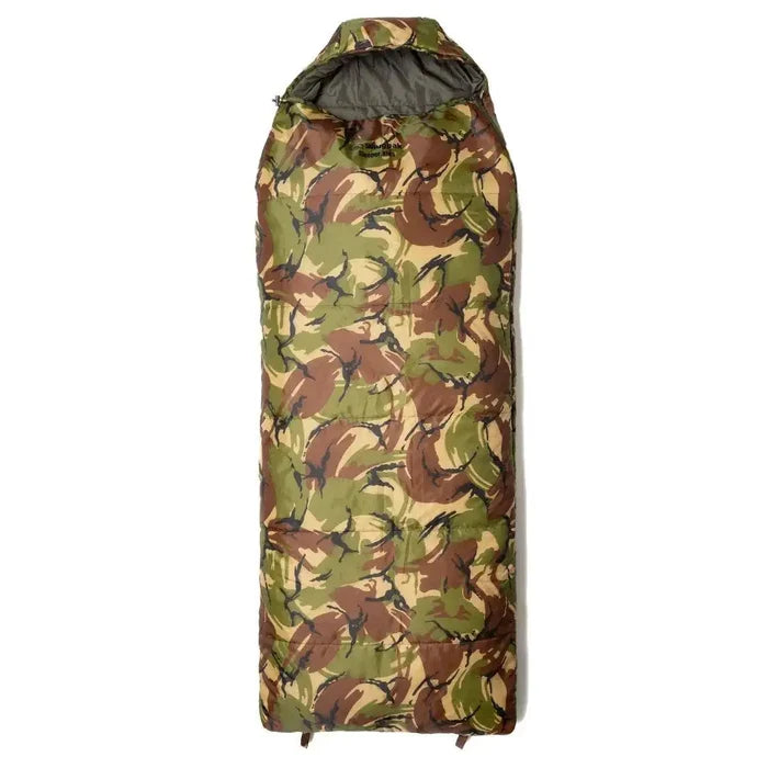 Snugpak Sleeper Kids Camo Sleeping Bag fully zipped up, featuring a camouflage pattern and a snug hood for added warmth during camping trips.  from  John Bull Clothing