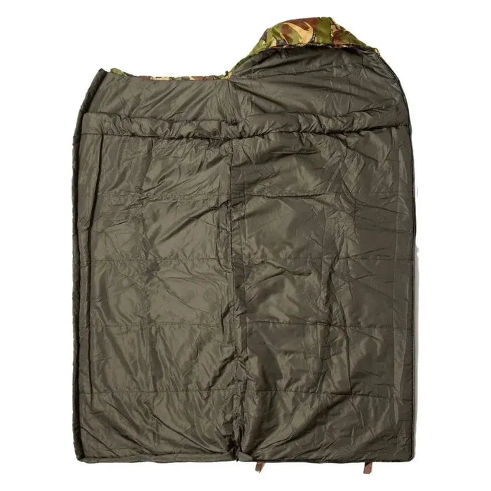 Snugpak Sleeper Kids Camo Sleeping Bag laid flat and unzipped, revealing its spacious interior and durable construction for young campers.  from  John Bull Clothing