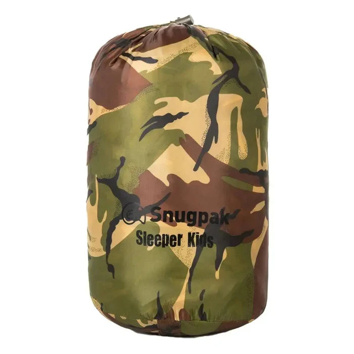 Snugpak Sleeper Kids Camo Sleeping Bag packed in its compact stuff sack, making it easy to carry and store for outdoor adventures.  from  John Bull Clothing