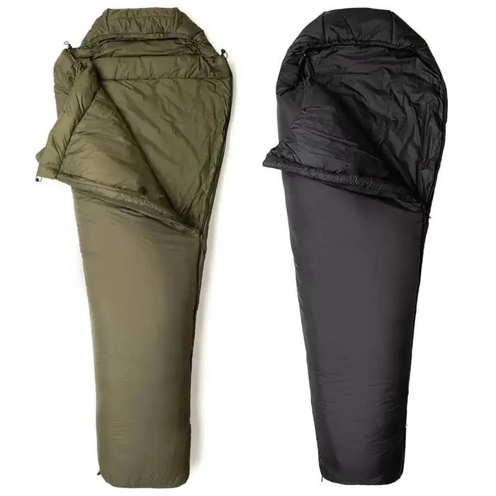 Snugpak Softie 10 Harrier Sleeping Bag in olive green and black, mummy shape for cold weather camping. Lightweight and compact for outdoor use.  from  John Bull Clothing