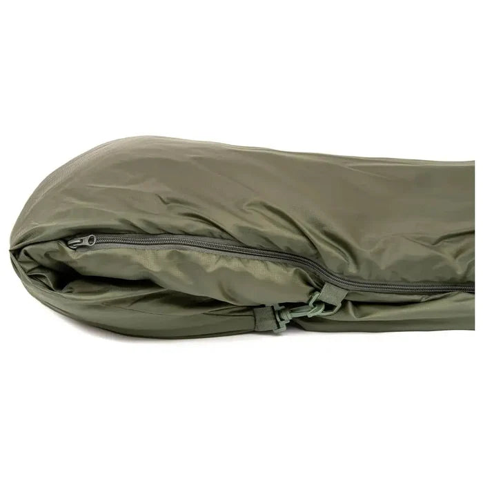 Close-up of Snugpak Elite 1 Sleeping Bag Olive Green zipper and Paratex material, highlighting durable construction for camping use.  from  John Bull Clothing