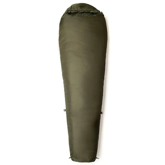 Fully zipped Snugpak Softie Elite 3 Sleeping Bag Olive Green with tapered footbox, designed for cold weather hiking and camping use.  from  John Bull Clothing
