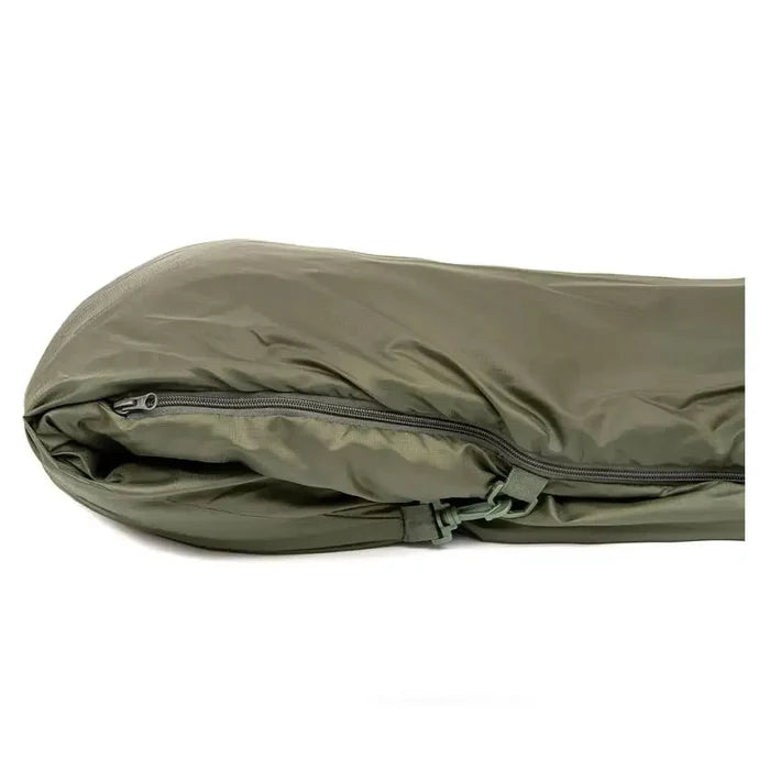 Close-up of Snugpak Softie Elite 3 Sleeping Bag Olive Green zipper and durable Paratex fabric, showcasing its compact and weather-resistant design.  from  John Bull Clothing