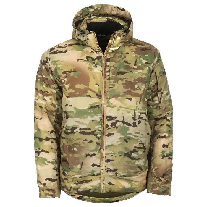 Front view of Snugpak Spearhead Midweight Insulated Jacket WGTE Multicam with full-zip closure and hood, ideal for tactical outdoor use.  from  John Bull Clothing
