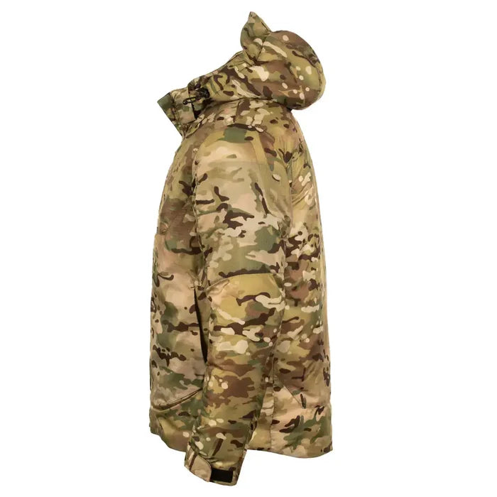 Side profile of Snugpak Spearhead Midweight Insulated Jacket WGTE Multicam showing hood and sleeve design for enhanced mobility.  from  John Bull Clothing