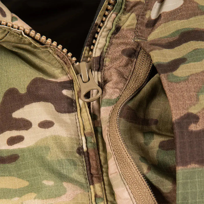 Detailed view of front zipper on Snugpak Spearhead Midweight Insulated Jacket WGTE Multicam, built for durability and ease of use.  from  John Bull Clothing