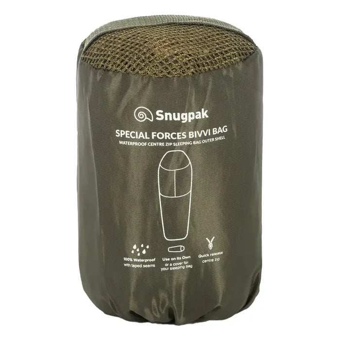 Snugpak Special Forces Waterproof Bivvi Bag WGTE packed in olive compression sack, showcasing compact, waterproof and lightweight outdoor gear.  from  John Bull Clothing